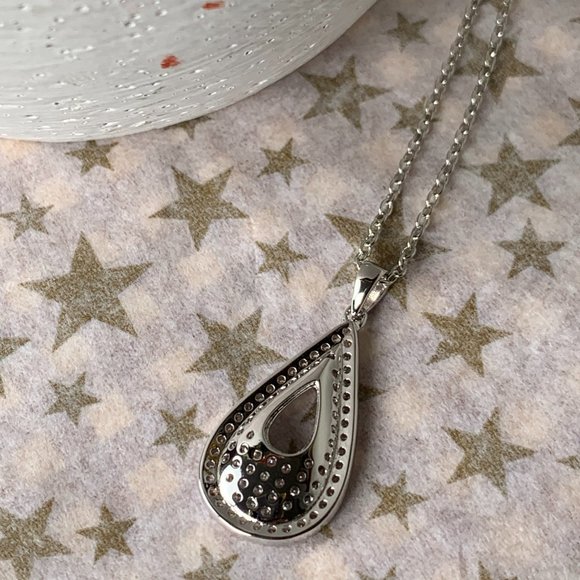 Cut Out Tear Shape Pendant Decorated with Pave Set CZs + Gold Tone Chain - Picture 2 of 3